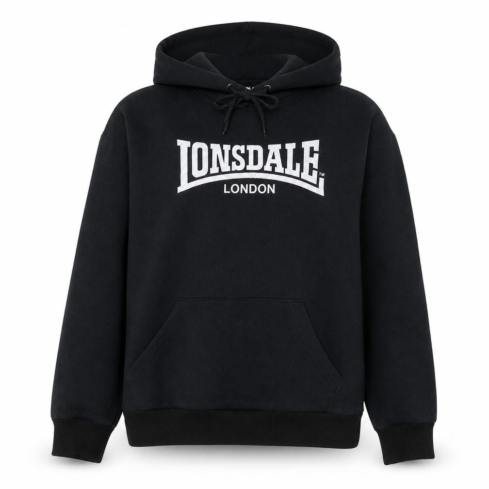 Front view of Lonsdale London women’s black, size UK 12, pullover hoodie