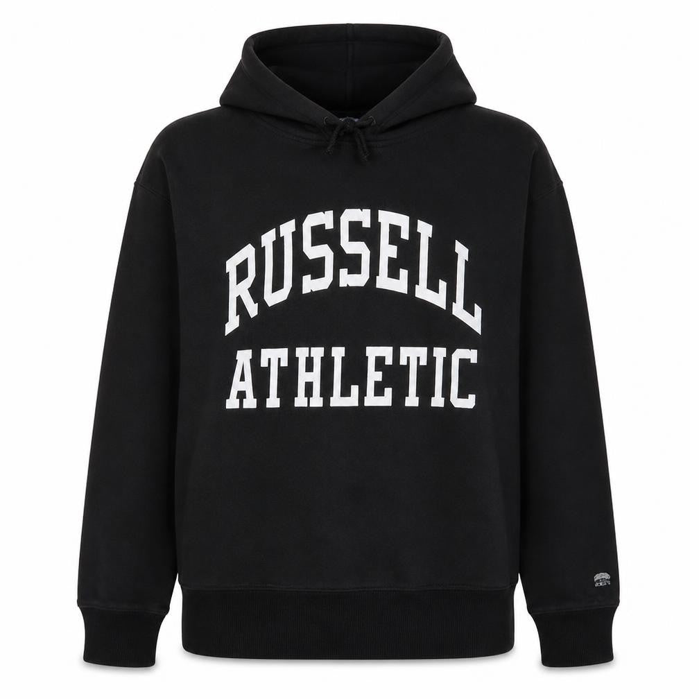 Front view of Russell Athletic women’s black hoodie, size UK 10, pullover cotton blend
