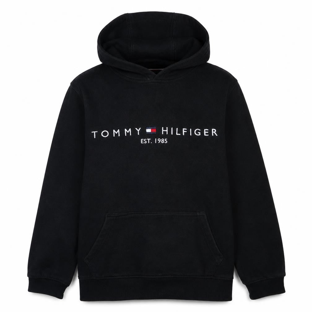 Front view of Tommy Hilfiger Men's Black Pullover Hoodie M Classic Logo Fleece