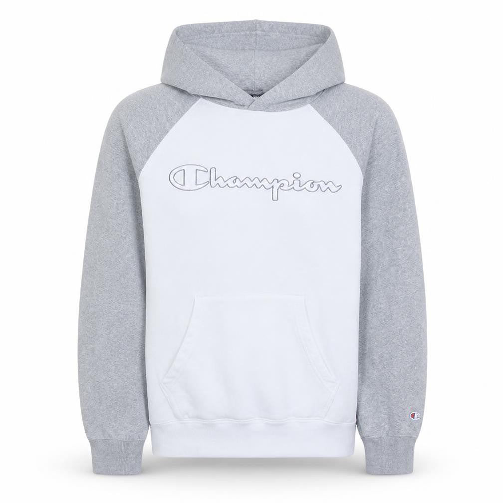 Front view of Champion Men’s Grey Pullover Hoodie Medium Fleece Logo Sweatshirt