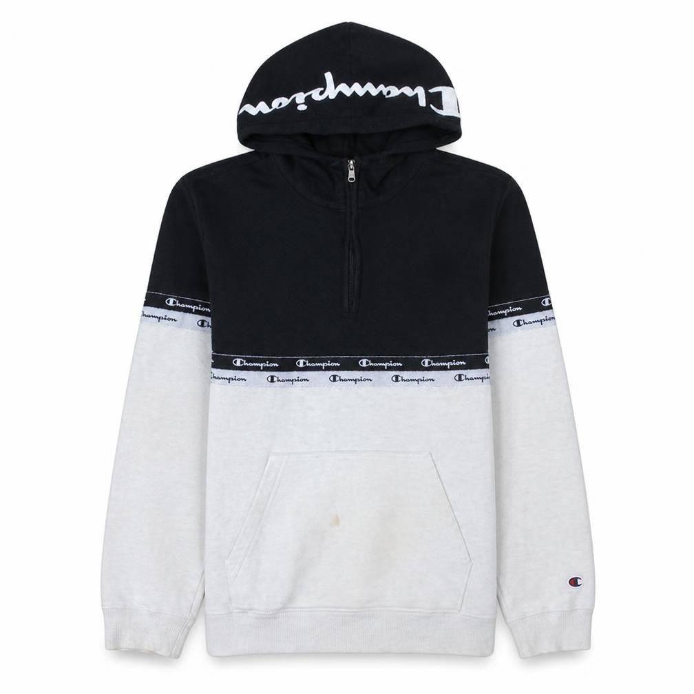 Front view of Champion Men's Black & White 1/2 Zip Hoodie Medium Logo Pullover Sweatshirt