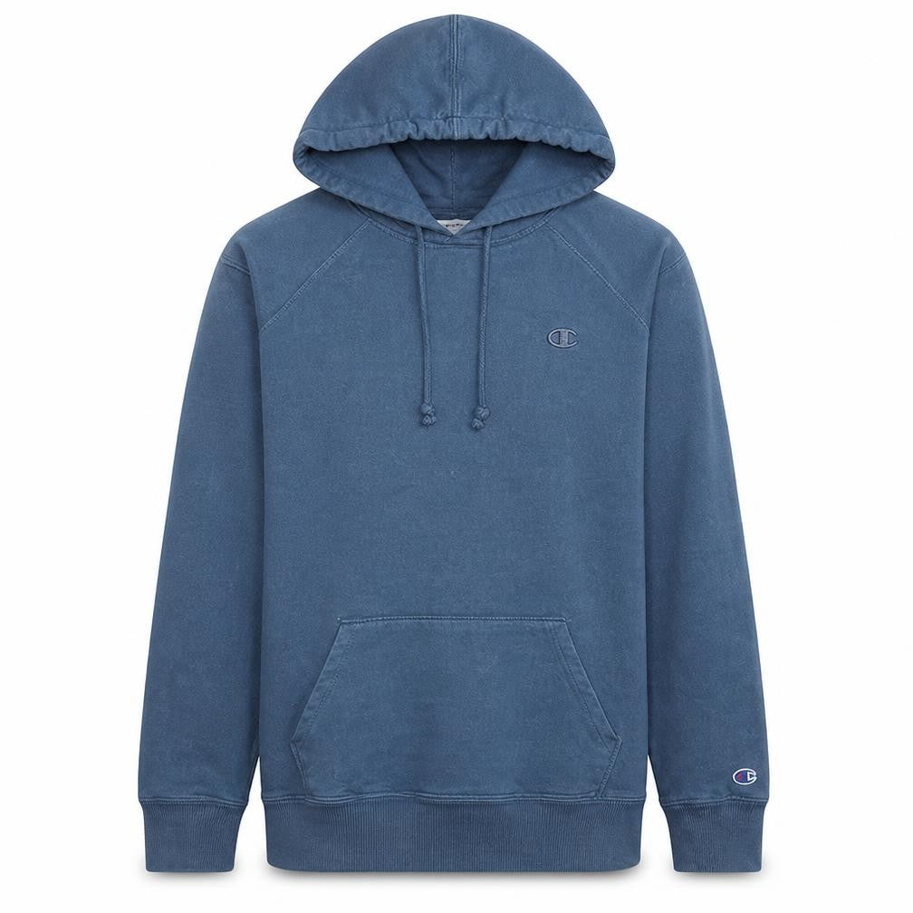 Front view of Champion Men Blue Pullover Hoodie S Fleece Long Sleeve Sweatshirt