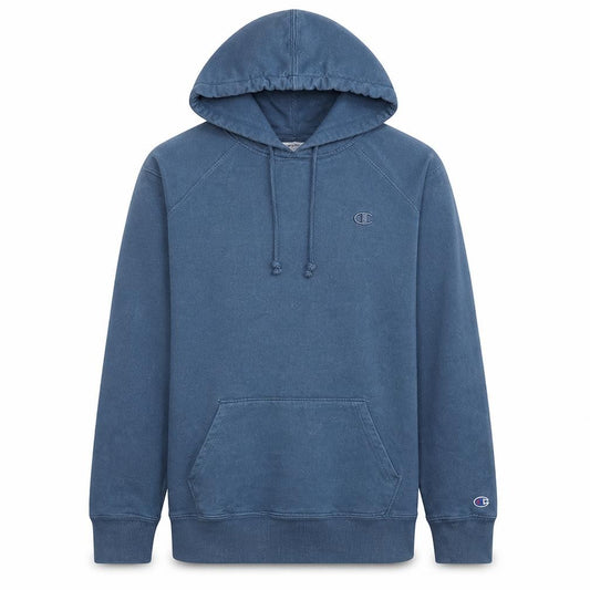 Front view of Champion Men Blue Pullover Hoodie S Fleece Long Sleeve Sweatshirt