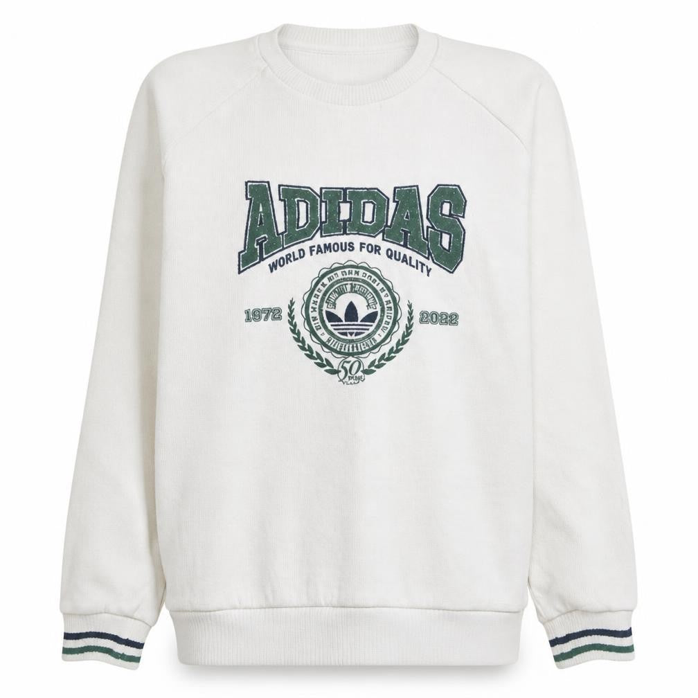 Front view of Adidas women’s white crew neck sweatshirt xl logo graphic pullover