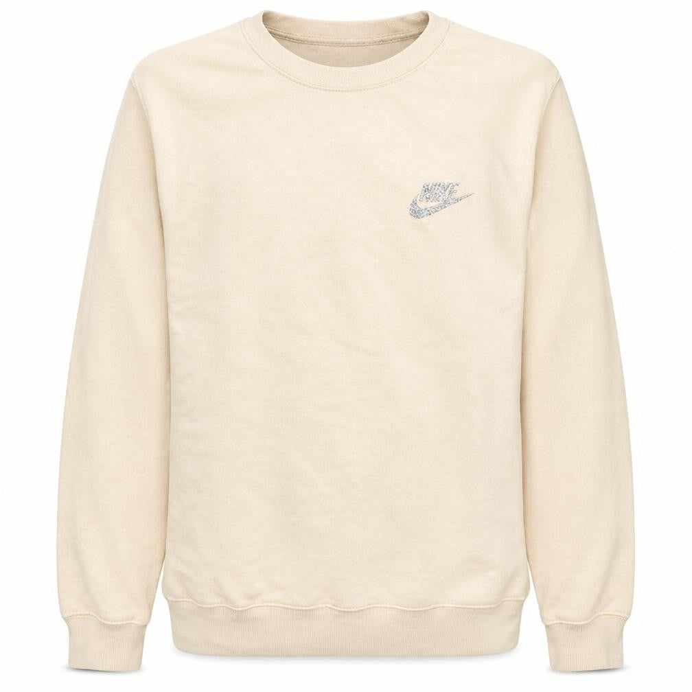 Front view of Nike women’s beige logo crew neck pullover sweatshirt, size L