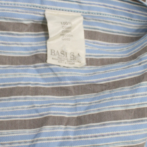 Lacoste Men Blue Brown Striped Cotton Button-Up Shirt Size 46