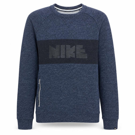 Front view of Nike Men’s Blue Pullover Crew Neck Sweatshirt, size S, Logo Zip Detail