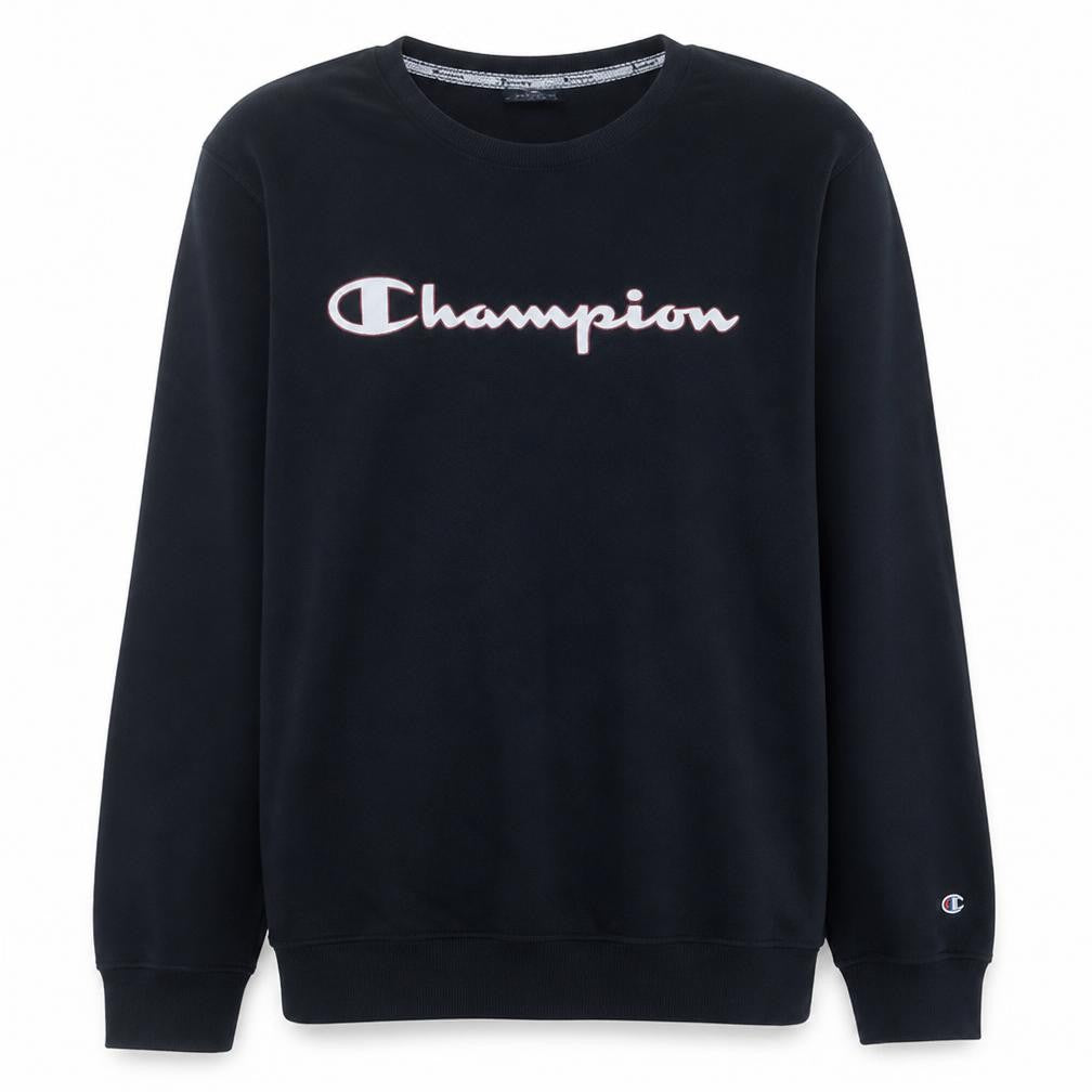 Front view of Champion Men's Black Pullover Sweatshirt Large Logo Crew Neck