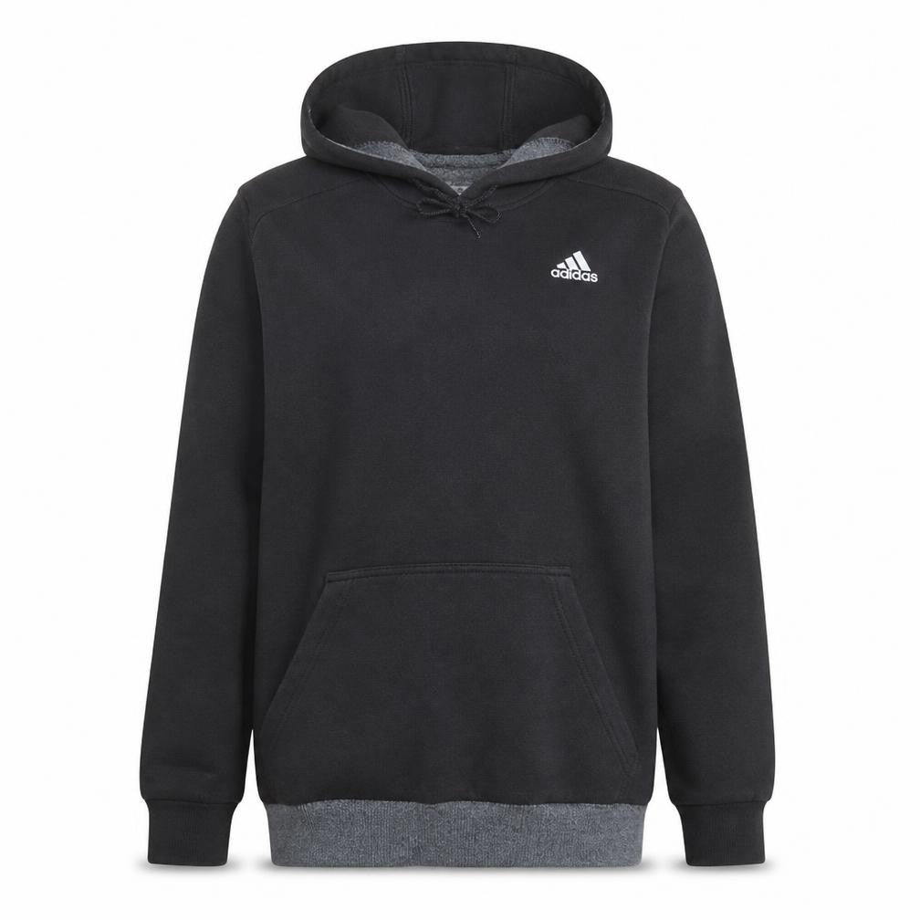 Front view of Adidas men’s black pullover hoodie fleece medium logo sportswear
