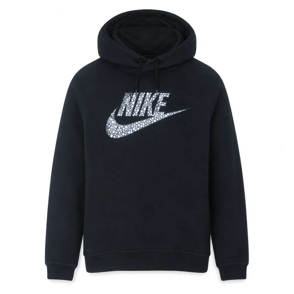 Front view of Nike women’s black m pullover hoodie with logo print