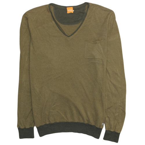 Hugo Boss Men's Green V-Neck Cotton Pullover Jumper L