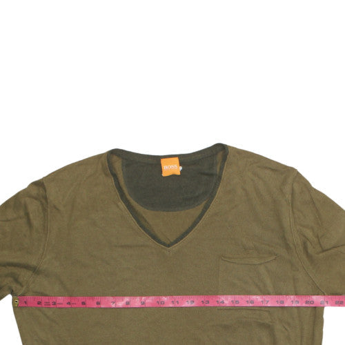 Hugo Boss Men's Green V-Neck Cotton Pullover Jumper L