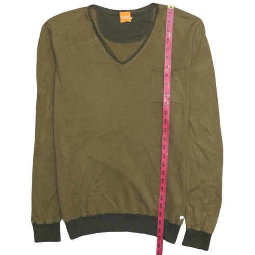 Hugo Boss Men's Green V-Neck Cotton Pullover Jumper L