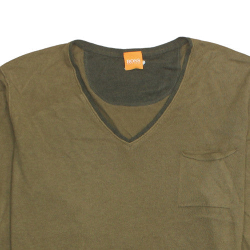 Hugo Boss Men's Green V-Neck Cotton Pullover Jumper L