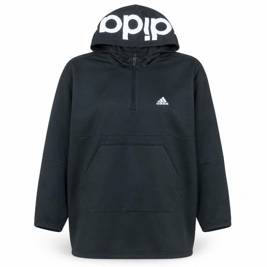 Front view of Adidas women’s black 1/2 zip hooded pullover sweatshirt, size UK 16