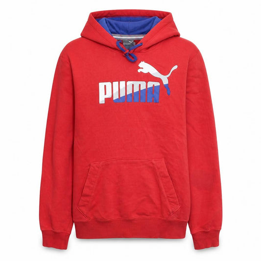 Front view of Puma men’s red pullover hoodie small graphic logo sportswear