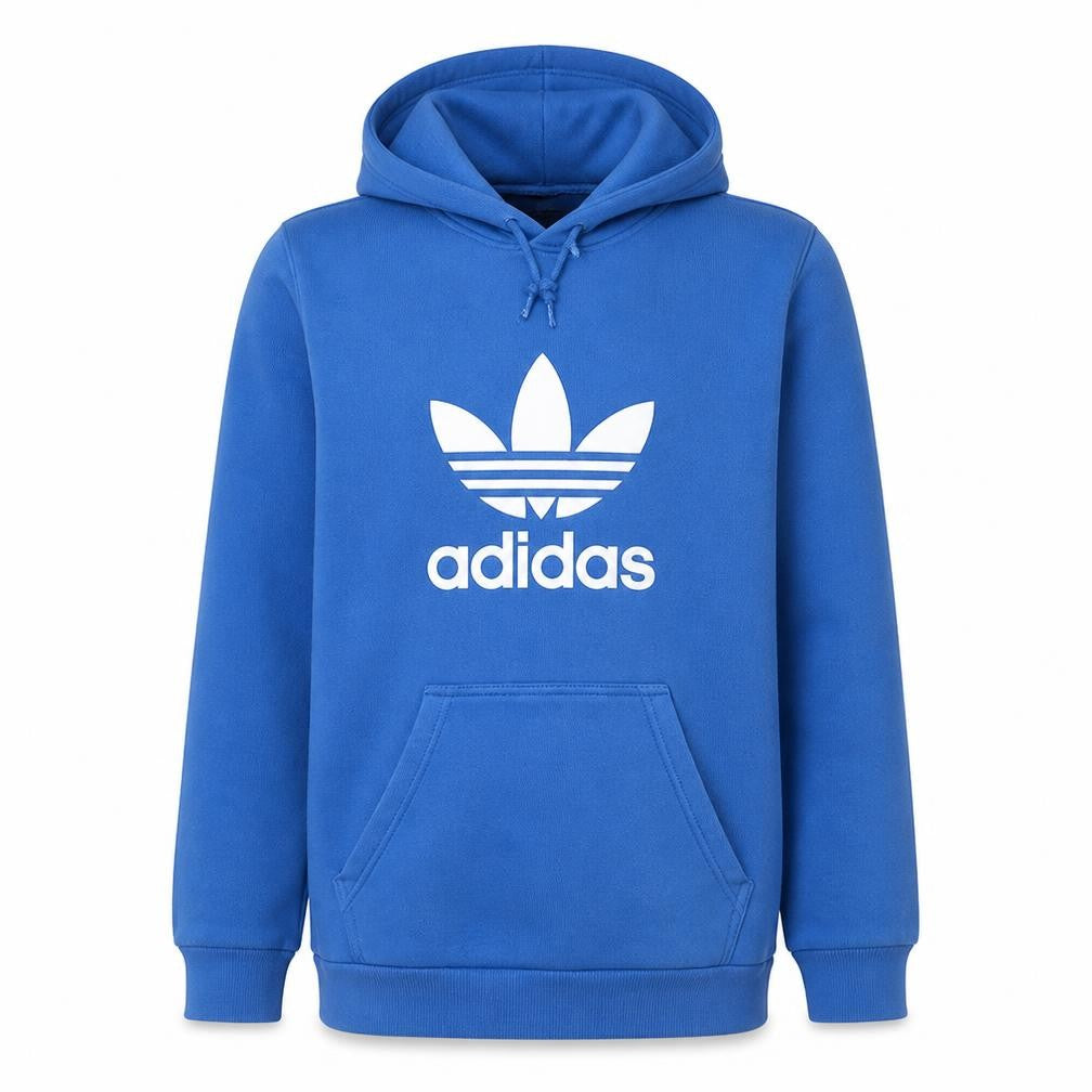Front view of Adidas Men's Blue Pullover Hoodie Medium Logo Graphic Sportswear