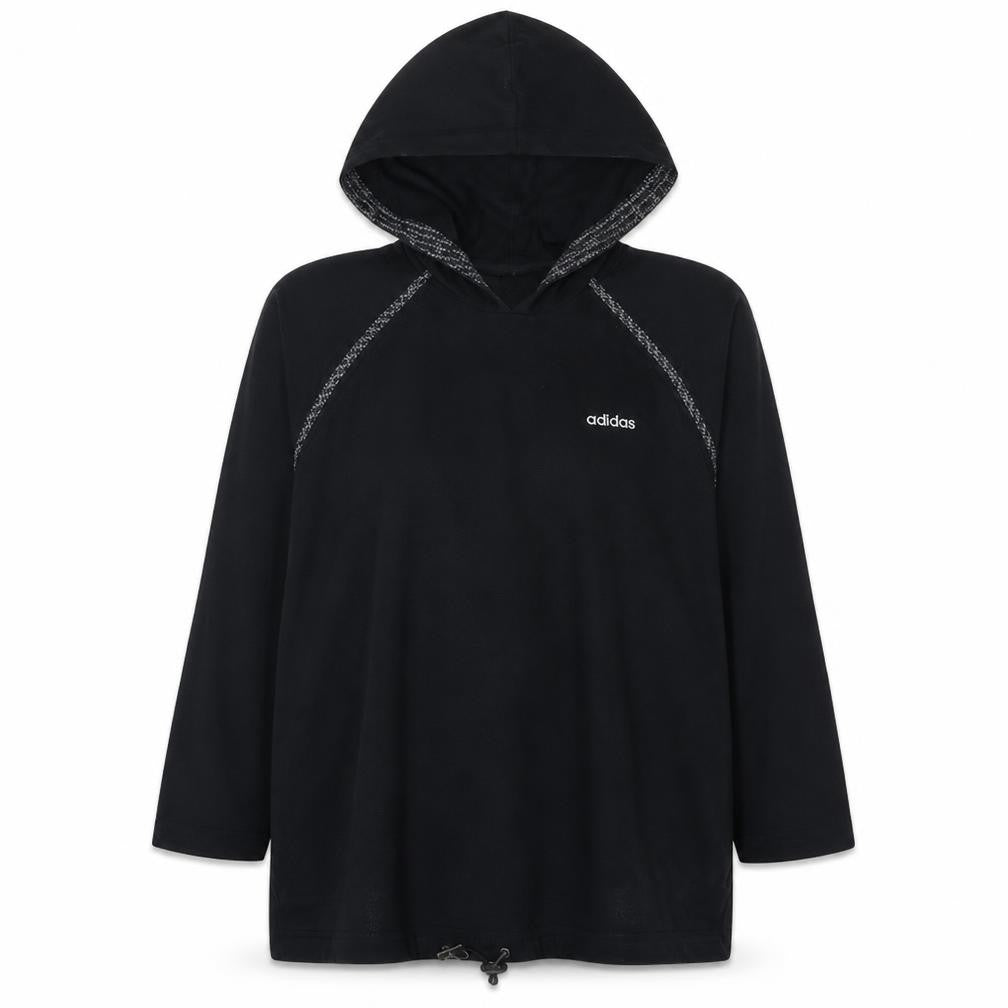 Front view of Adidas women’s black pullover hoodie, size M, casual sportswear