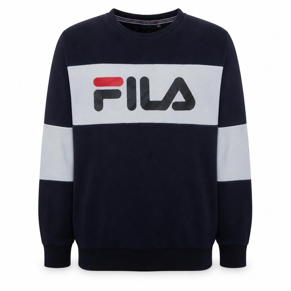 Front view of Fila men’s navy blue crew neck logo sweatshirt, size L, cotton blend