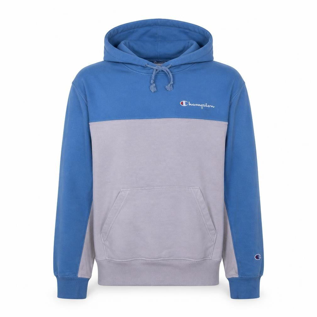 Front view of Champion men’s blue pullover hoodie m logo sportswear