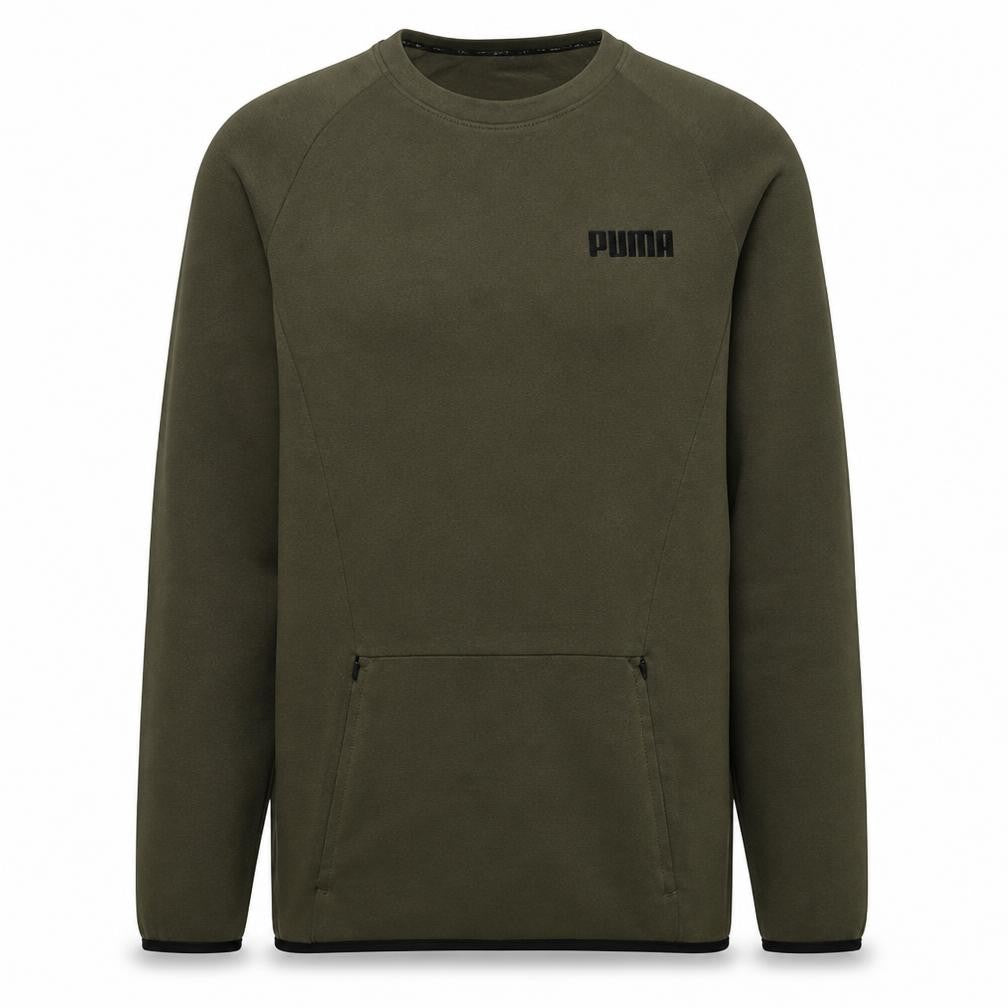 Front view of Puma Men’s Green Crew Neck Pullover Sweatshirt, size S, Regular Fit