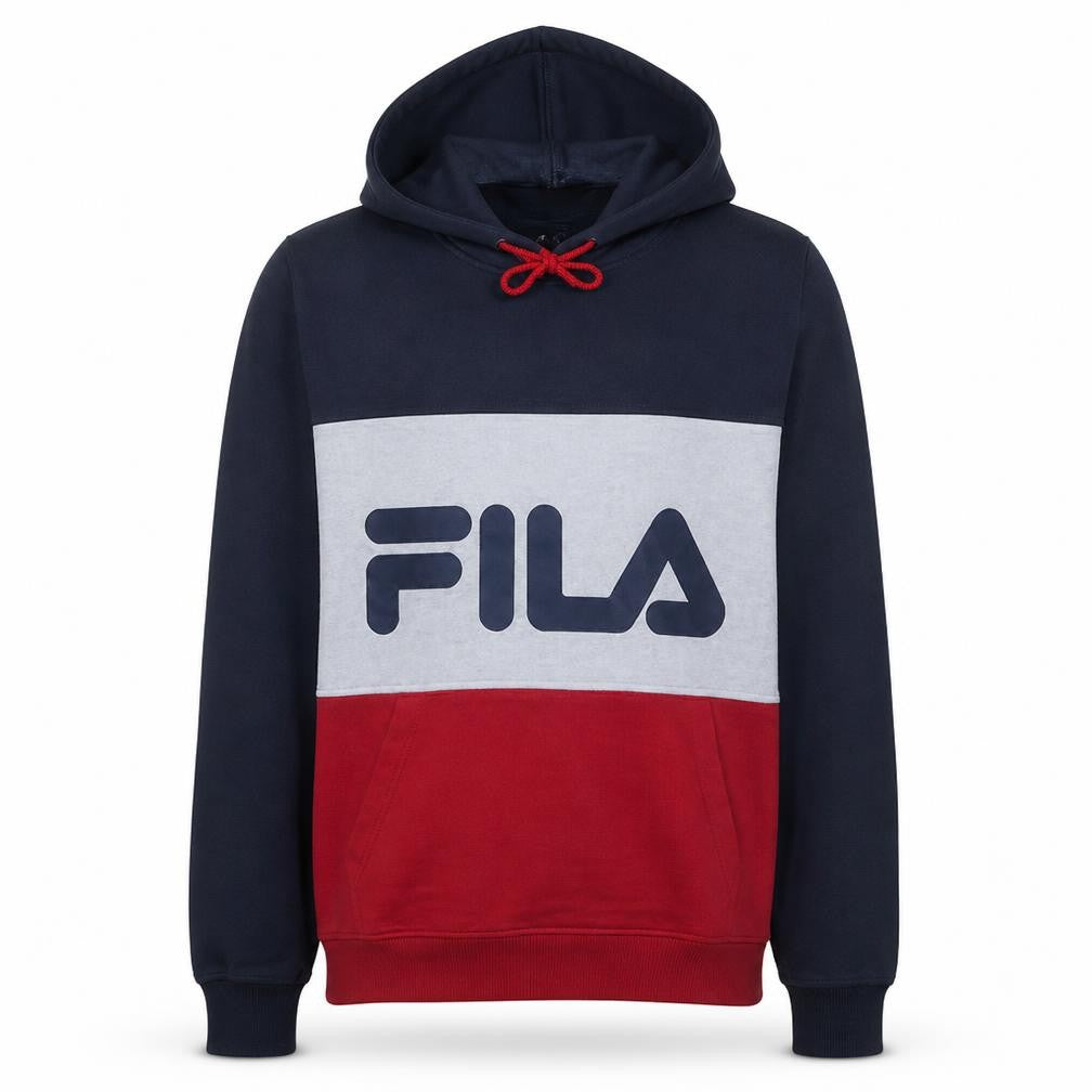 Front view of Fila men’s multicoloured pullover hoodie m logo sportswear cotton blend
