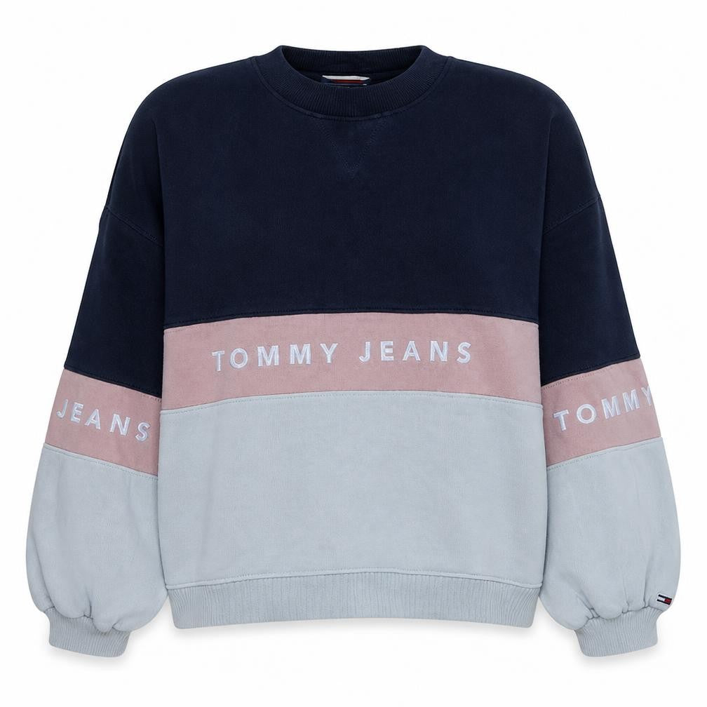 Front view of Tommy Jeans women’s navy pink grey colourblock sweatshirt, size S