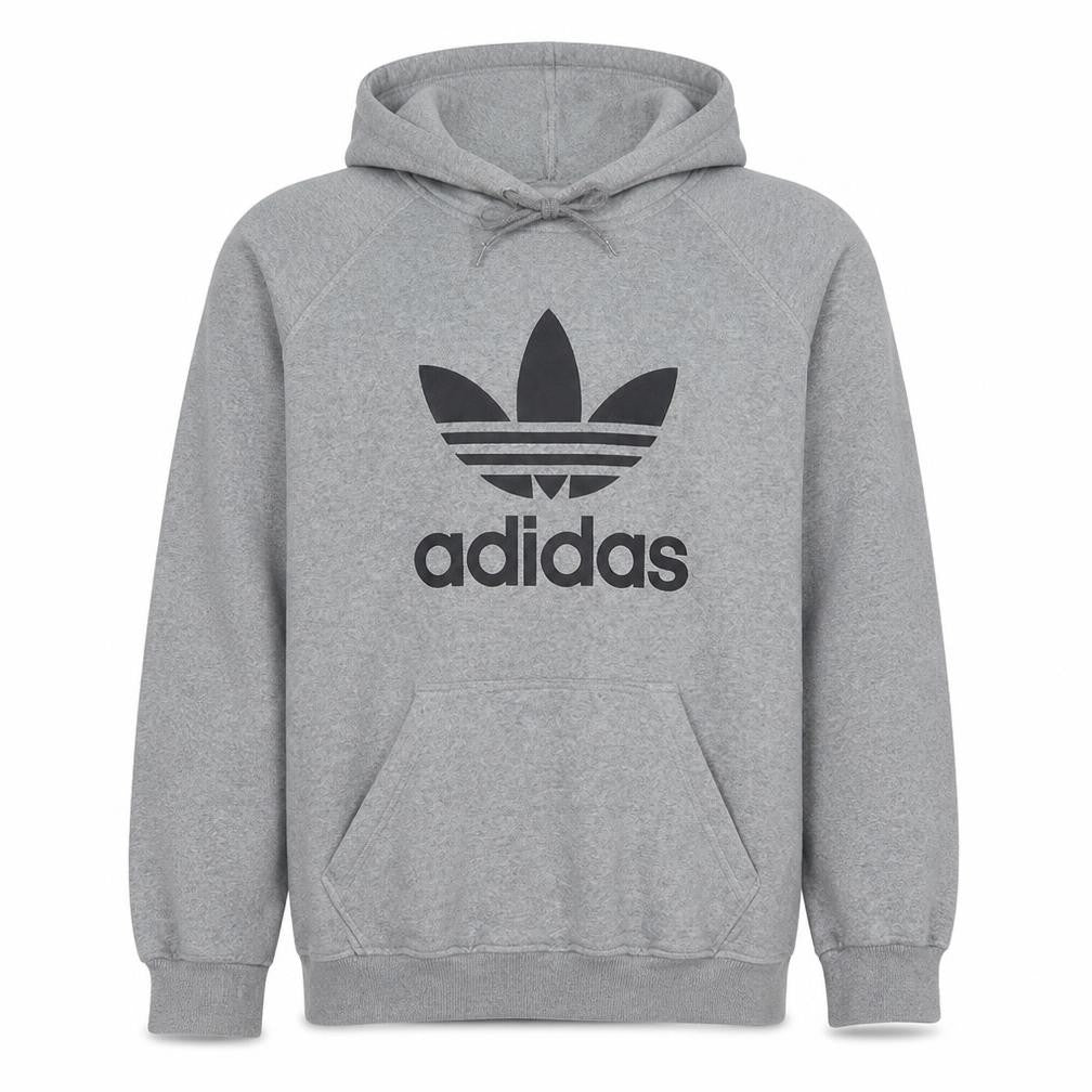Front view of adidas men’s grey pullover hoodie l logo fleece sweatshirt