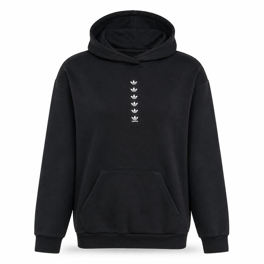Front view of Adidas women’s black xs pullover hoodie 70% cotton logo design