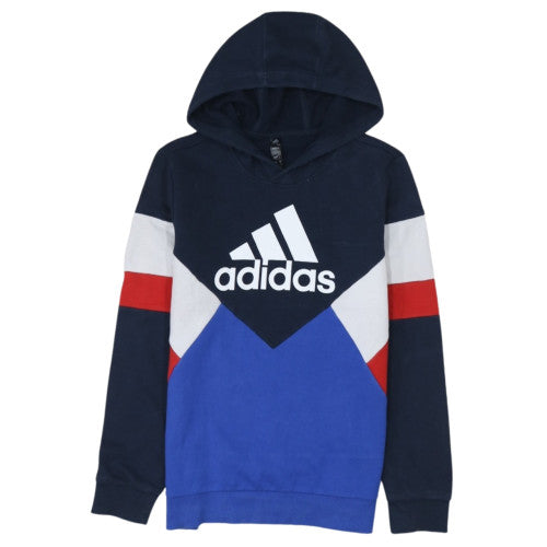 Adidas Boys Blue Colourblock Pullover Hoodie Size 164cm Cotton Blend