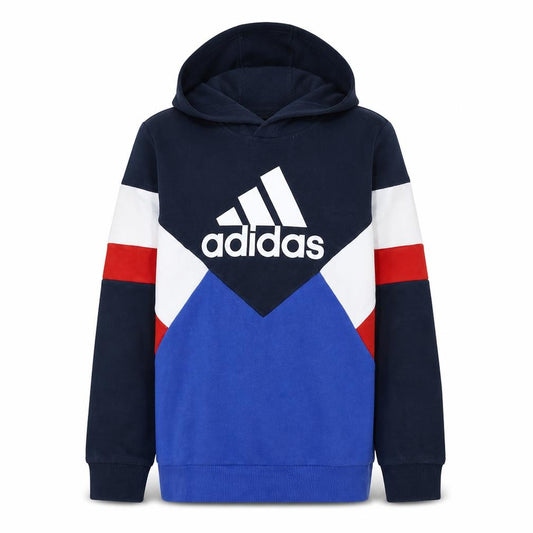 Adidas Boys Blue Colourblock Pullover Hoodie Size 164cm Cotton Blend