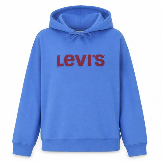 Front view of Levi's girls’ blue logo pullover hoodie, size S, cotton blend fleece