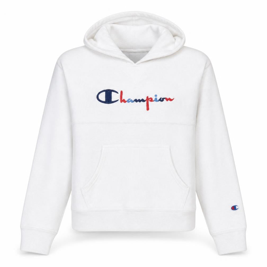 Front view of Champion women’s white reverse weave pullover hoodie medium