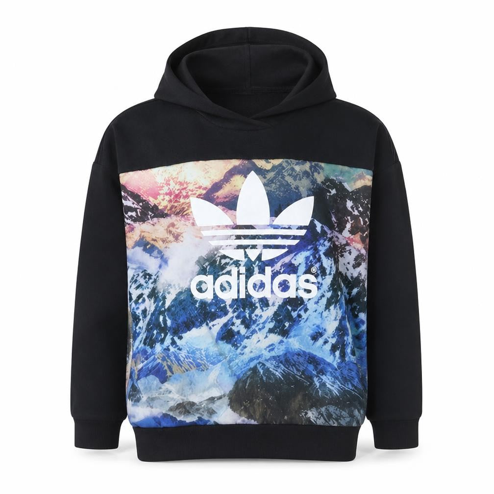 Front view of Adidas women’s black multicoloured pullover hoodie uk 8 mountain print