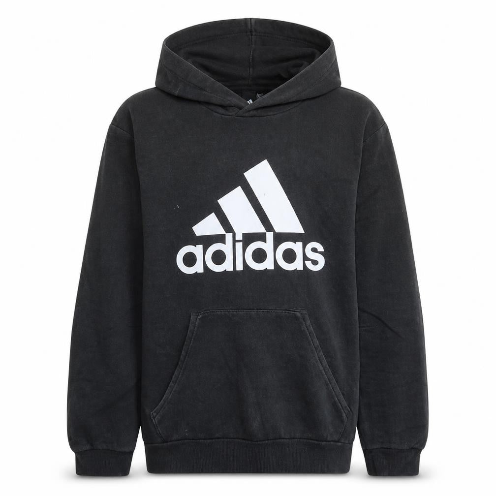 Front view of Adidas men’s black pullover hoodie, size L, logo fleece sweatshirt