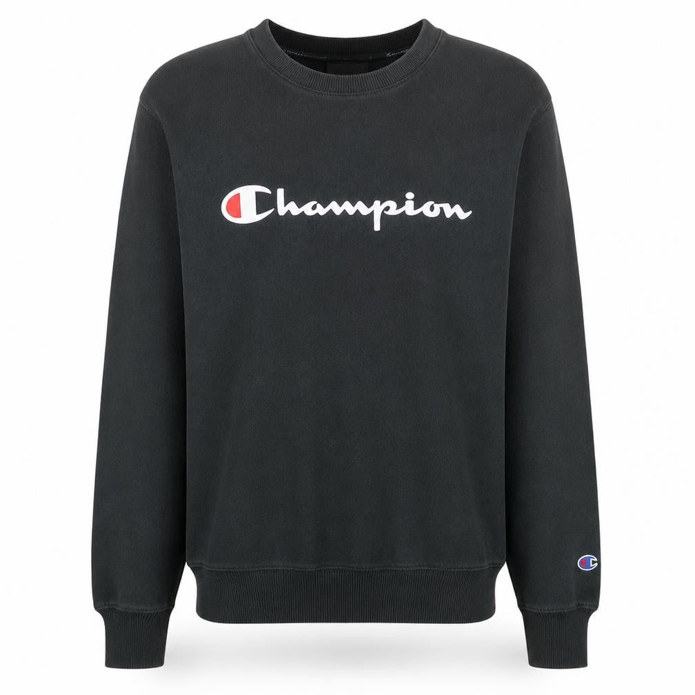 Front view of Champion Men's Black Small Logo Crew Neck Fleece Sweatshirt