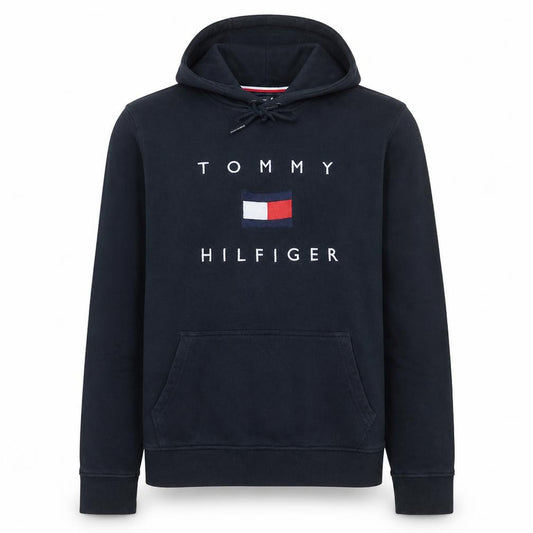 Front view of Tommy Hilfiger Men's Blue Logo Hoodie, size L, Pullover Fleece