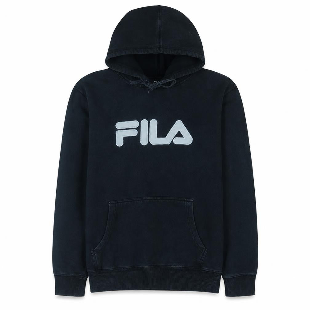 Front view of Fila Men Black Pullover Hoodie L Logo Cotton Blend Sweatshirt