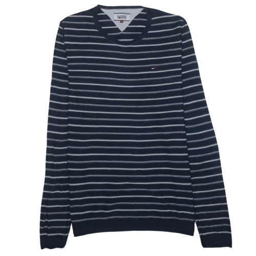 Hilfiger Denim Men's Blue Striped Cotton Crew Neck Jumper M