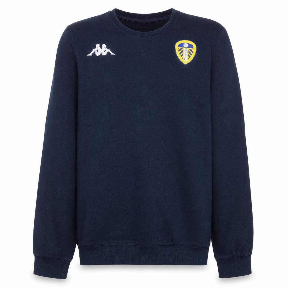 Front view of Kappa men’s blue leeds united crew neck sweatshirt, size M