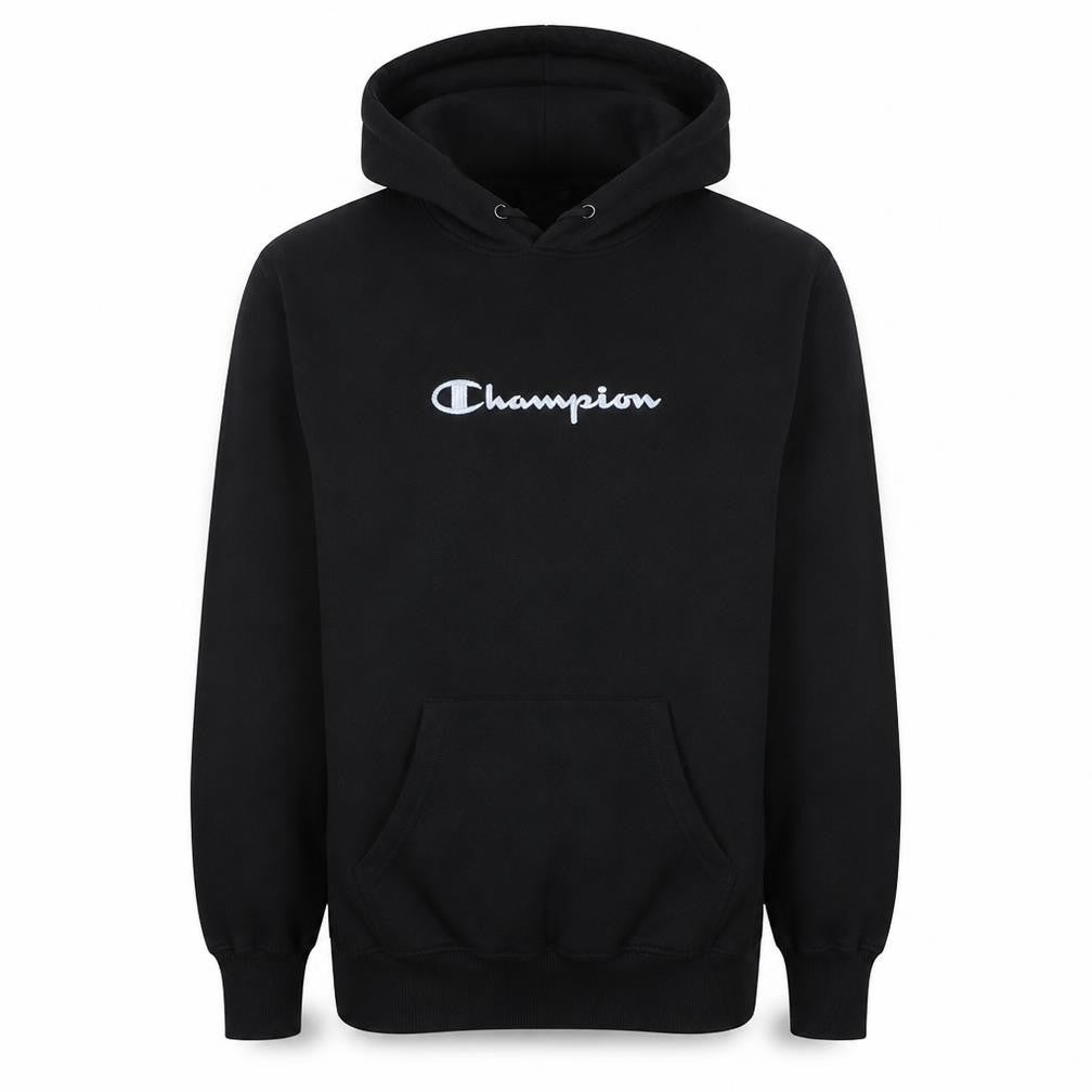 Front view of Champion Men's Black Pullover Hoodie M Regular Fit Fleece Logo