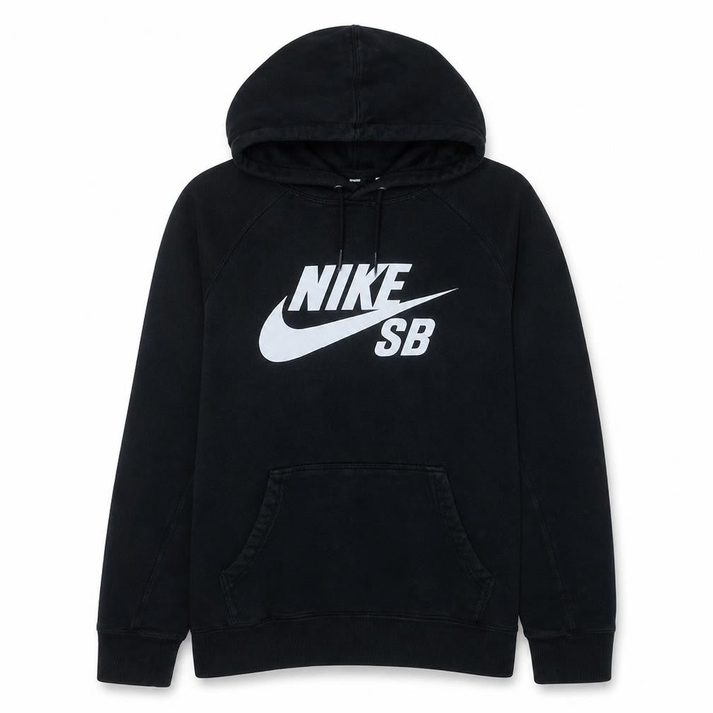 Front view of Nike SB boys’ black pullover hoodie s cotton blend skateboard sweatshirt