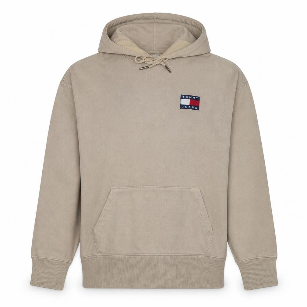 Front view of Tommy Jeans Men's Beige Pullover Hoodie M Logo Fleece Sweatshirt