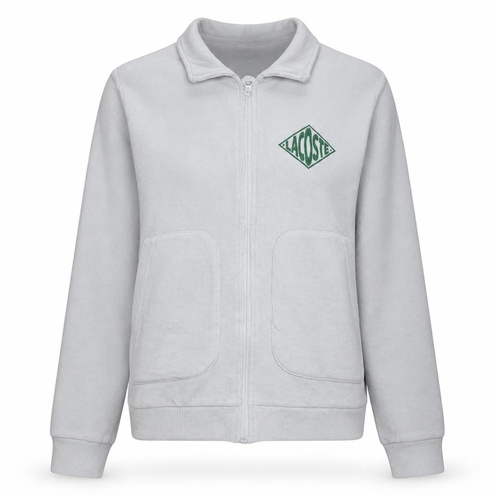 Front view of Lacoste Women's Beige Full Zip Sweatshirt, size 10, Logo Detail