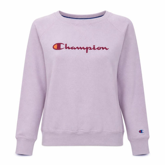 Front view of Champion women’s pink crew neck logo sweatshirt, size M