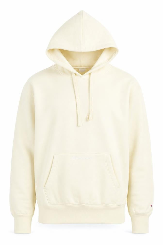Front view of Champion Men's Beige Pullover Hoodie, size L, Regular Fit Fleece
