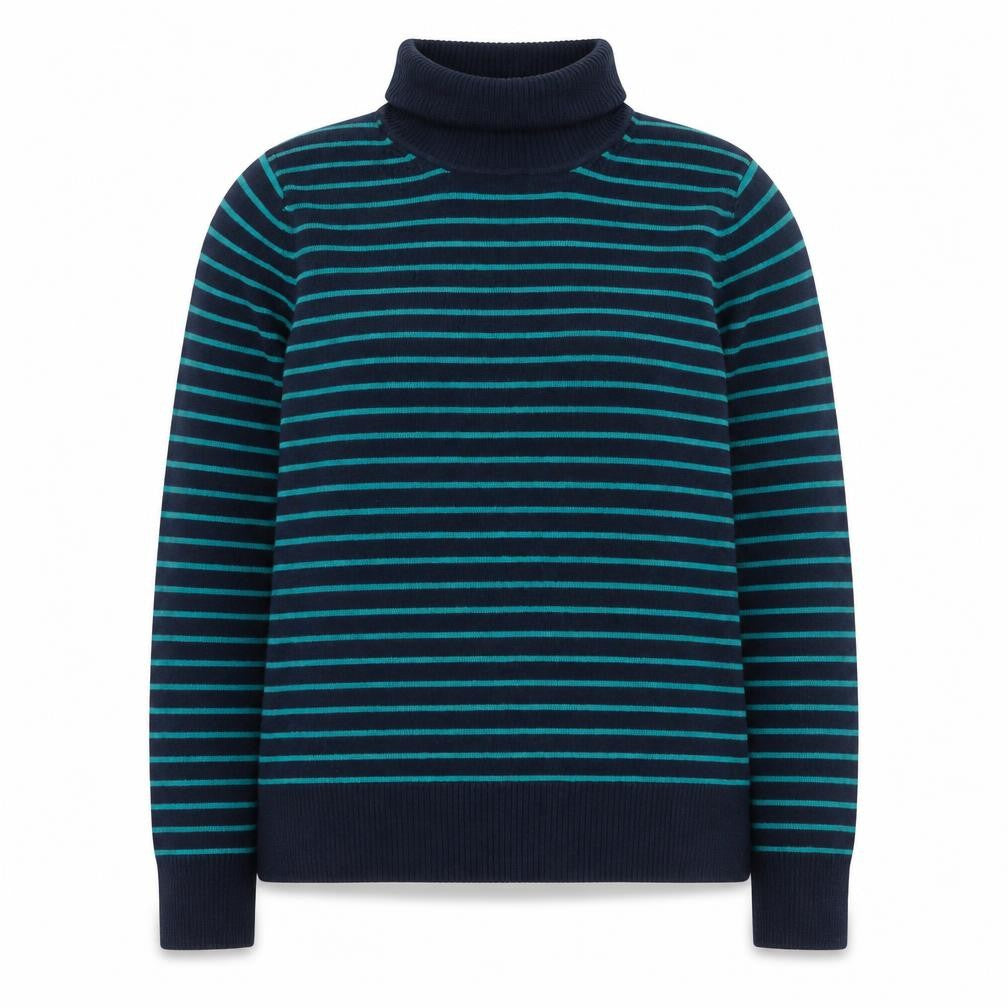 Front view of French Connection Women’s Blue Striped Roll Neck Knit Top L