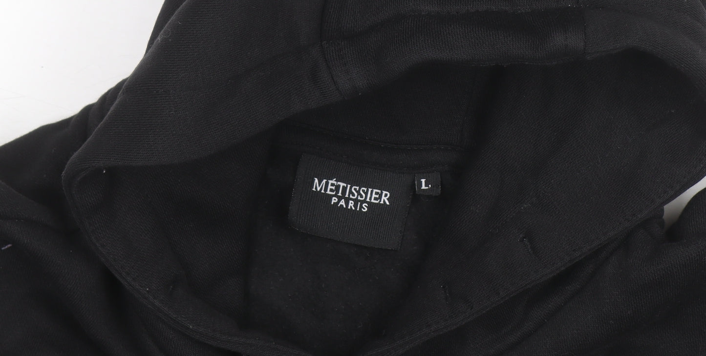 Métissier Paris Men's Black Pullover Hoodie Size L Fleece Logo Sweatshirt