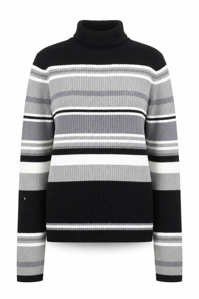 Front view of VENUS Women's Black Grey Striped Roll Neck Jumper, size 18