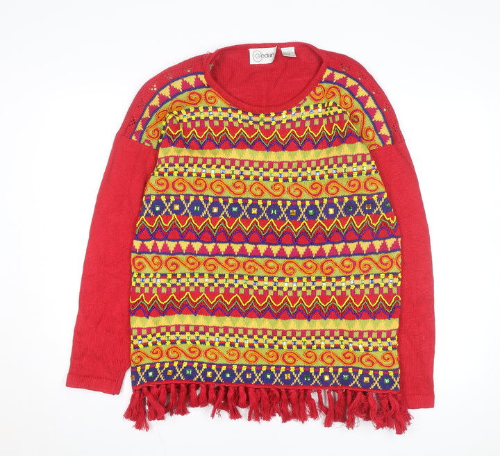 Cedars Womens Red Multicoloured Knit Fringe Jumper Size M